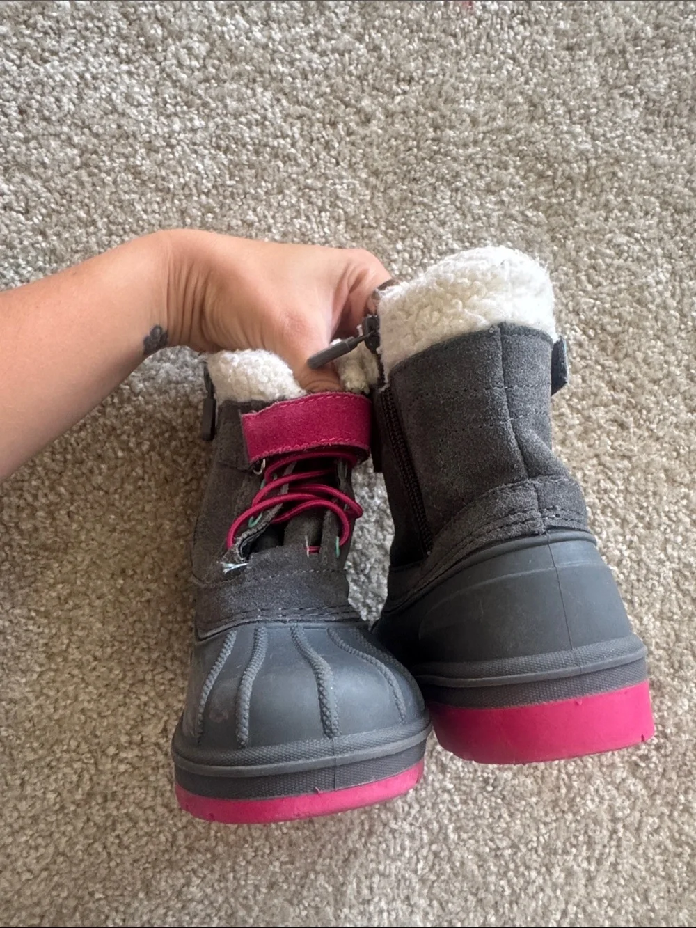 Cat & Jack Gray Kids Snow Boots with Pink and Teal Accents